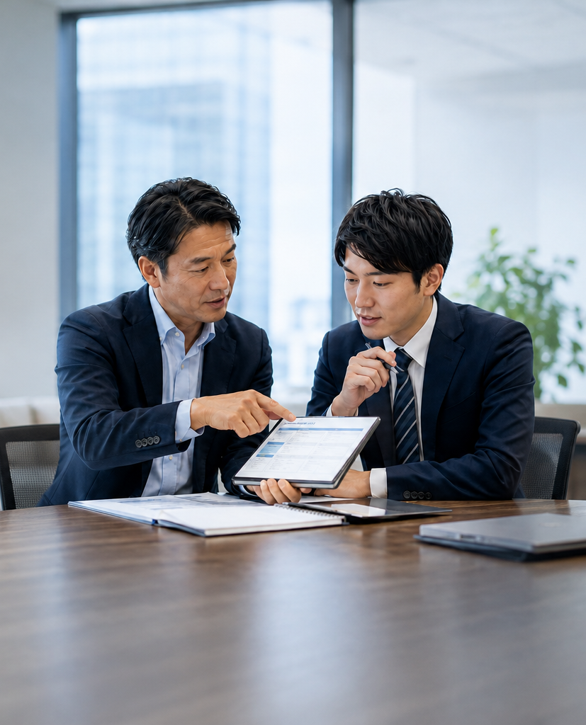 タブレットを見ながら営業指導を行う上司と若手社員
